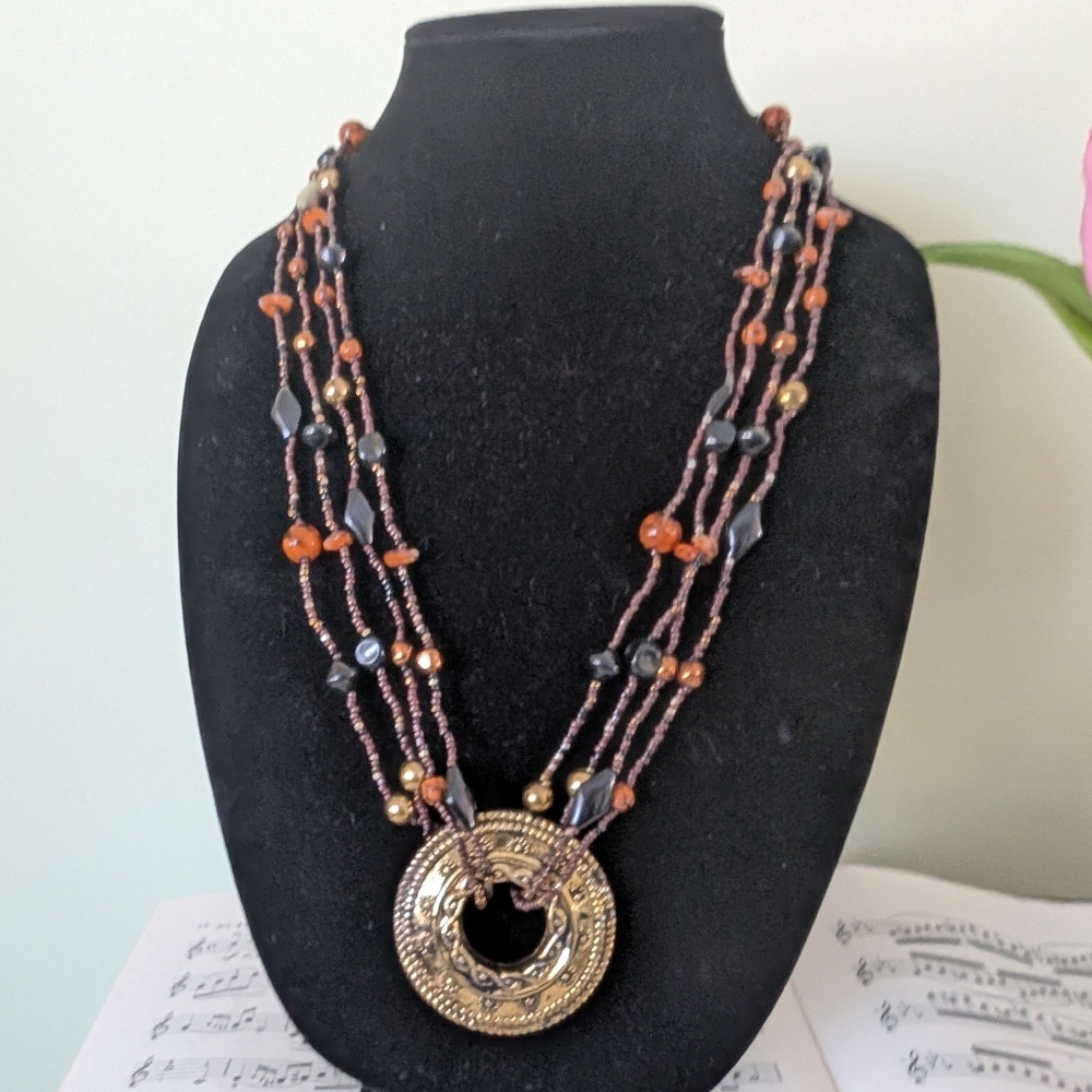 Vintage Multi-Strand Necklace with Gold Pendant